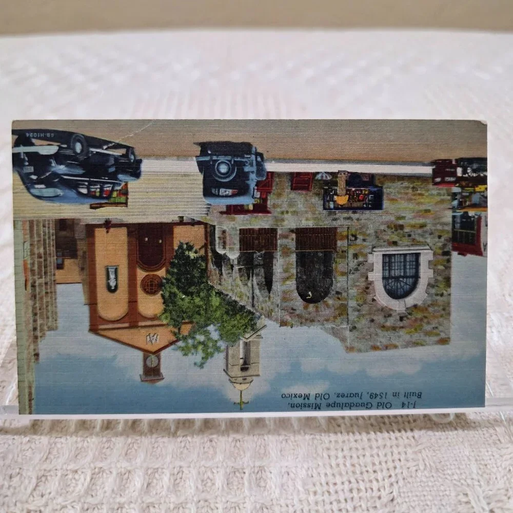 Vintage Old Guadalupe Mission Juarez Mexico Linen Postcard UNP Antique Auto Cars